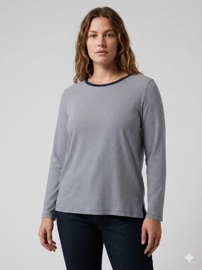 LOFT Navy and White Stripe Long-Sleeve Crew Top Split Hem Size XL